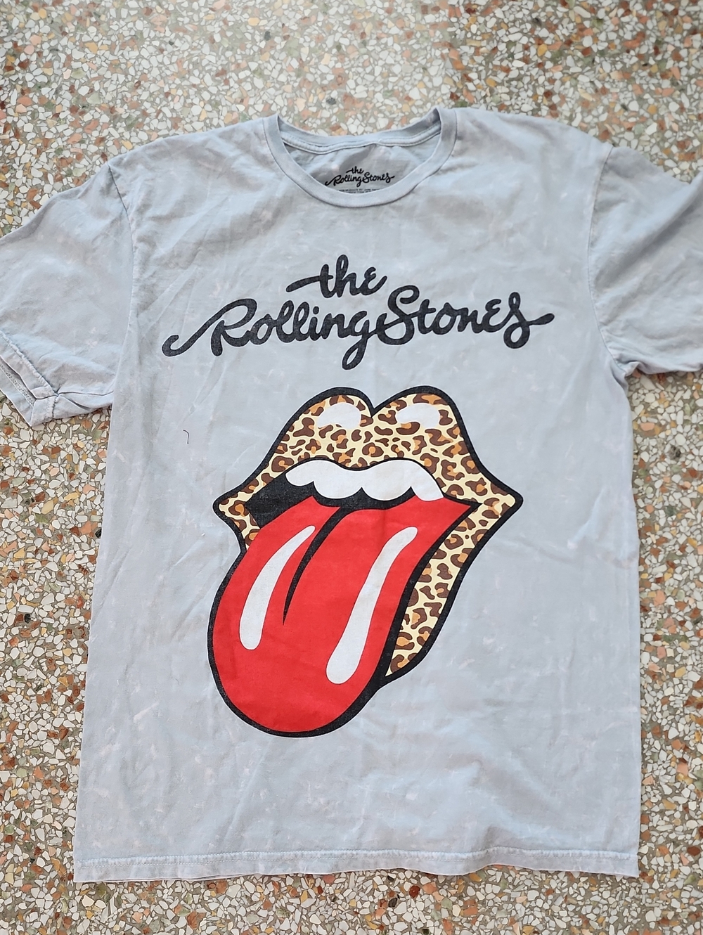 The Rolling Stones Light Gray Tee with Red Tongue and Leopard Accent